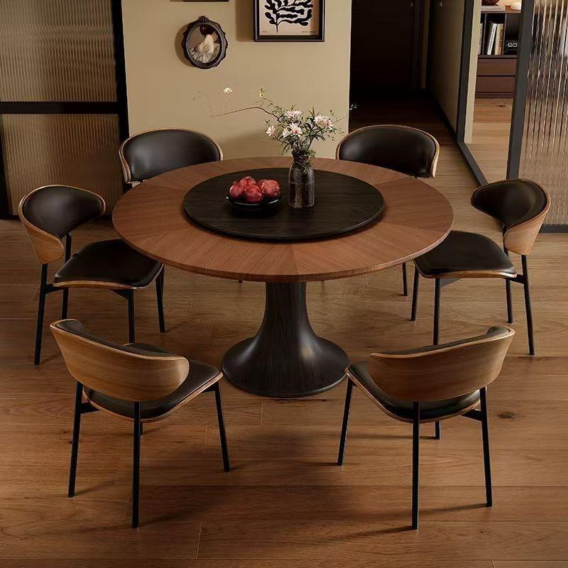 New French-Style Vintage Round Table and Chairs for Home Use, Suitable for Large and Small Households, with a Rotating Table Top, Wood Grain Inlay, and Fully Solid Wood Dining Table New French-Style Vintage Round Table and Chairs for Home Use, Suitable for Large and Small Households, with a Rotating Table Top, Wood Grain Inlay, and Fully Solid Wood Dining Table