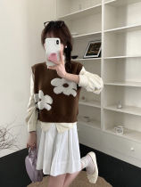 H2265 Sleeveless vest Korean style gentle early spring new three-dimensional flocking flower short knitted vest for women