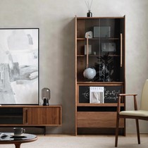 Nordic simple solid wood black walnut bookcase wood small apartment living room multifunctional glass display storage cabinet manufacturer