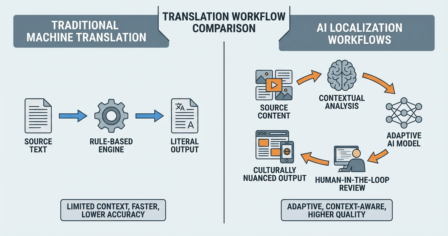 Traditional machine translation vs AI localization workflows
