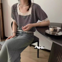 French contrasting striped lace square-neck puff short-sleeved sweater for women in summer with a western style and age-reducing design top