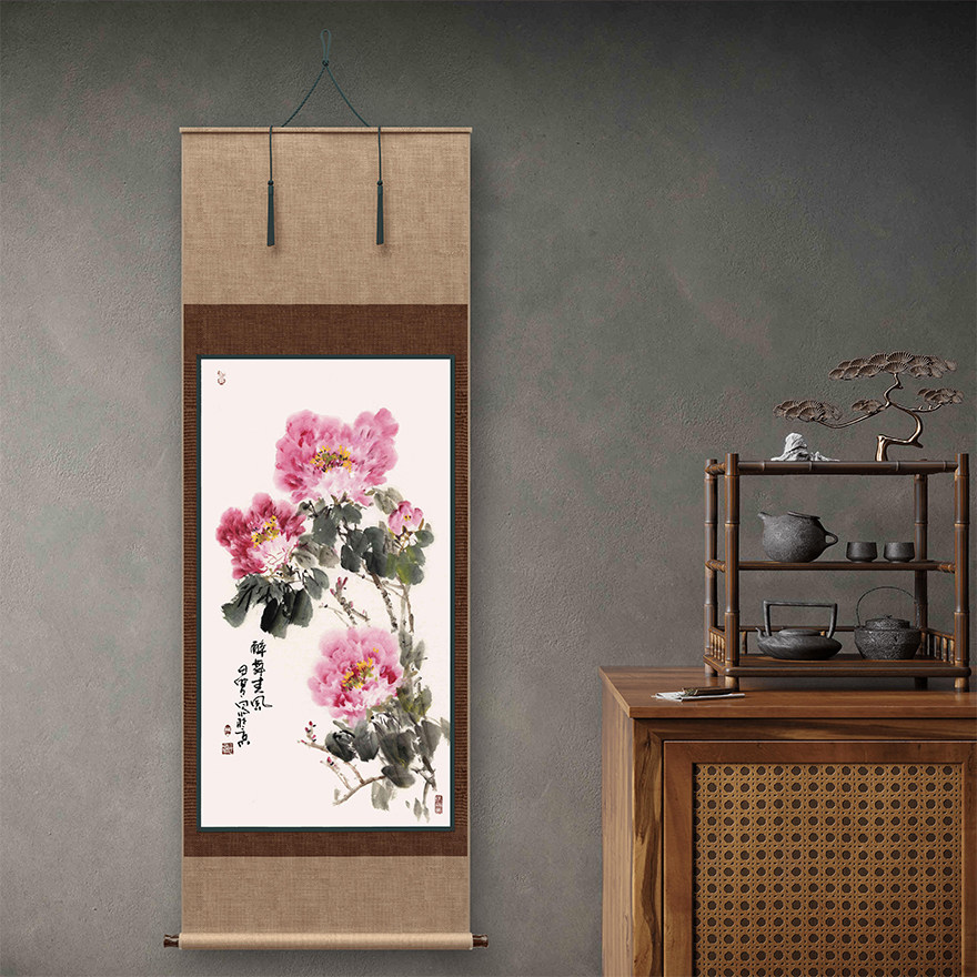 田寒《醉舞春风》大写意手绘牡丹中堂竖幅花鸟国画原稿真迹收藏