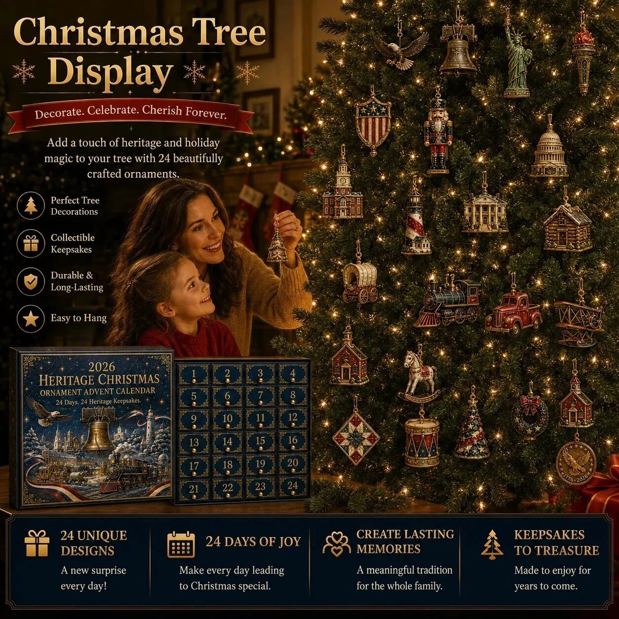 Family decorating the Christmas tree with ornaments from the heritage advent calendar