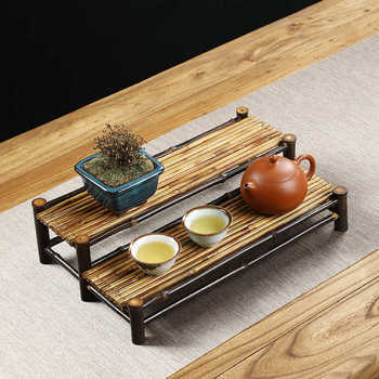 Handmade bamboo tea cup drain rack chinese retro purple bamboo bamboo row dry bubble tray double-layer tea set storage display rack