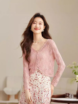 Short hollow shawl thin ice silk cardigan 2024 spring and summer new V-neck top fashionable knitted jacket for women