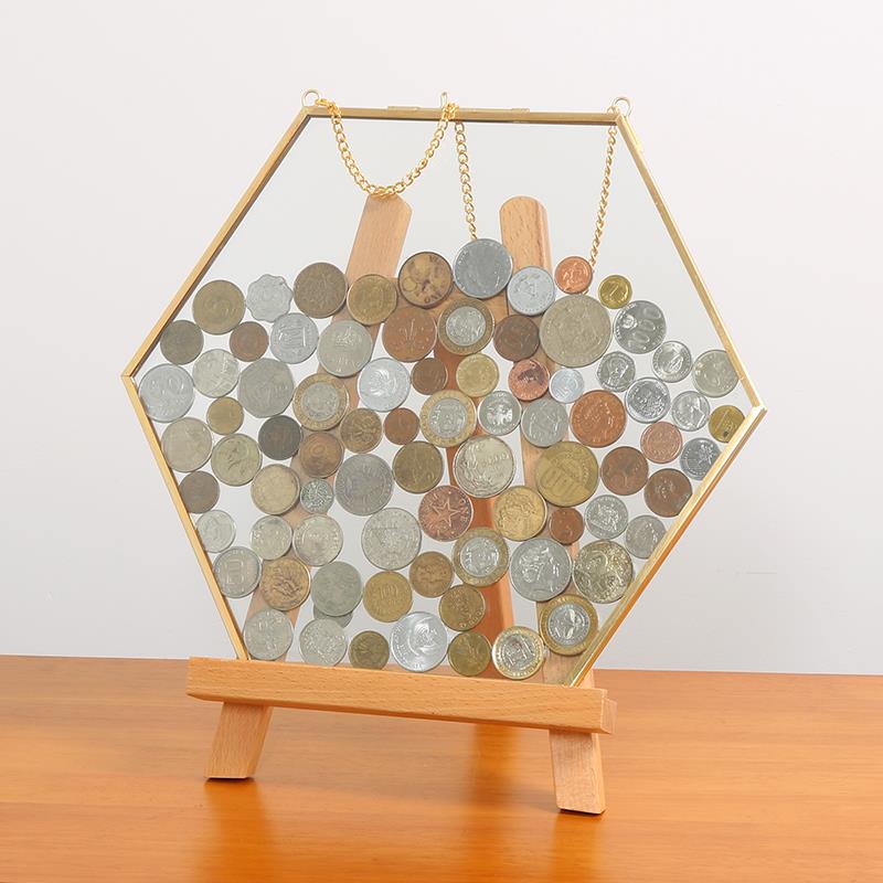 Hexagonal Coin Display Frame Collection Metal Photo Frame Glass Transparent Decorative Storage Simple Vintage Picture Frame