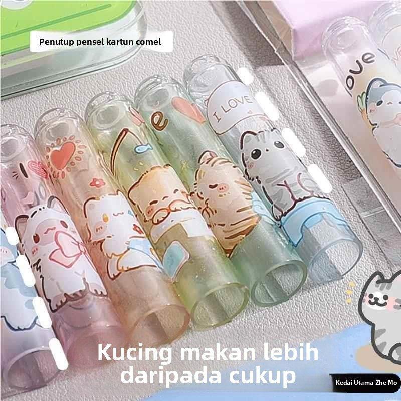 Kindergarten Boys and Girls Learning Stationery Cat Pencil Cap Pen Tip Protector for Primary School Students First Grade Triangular Hole Pencil Cover Transparent Plastic Pencil Grip Kindergarten Pencil Cap Universal