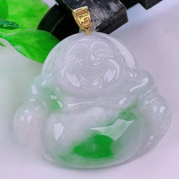 Burmese natural genuine jade genuine 18k gold buckle ice floating green flower high-end flash buddha jade pendant 7.40g