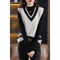 Pure wool sweater womens V-neck knitted vest womens outer layering contrast color loose sleeveless cashmere sweater vest