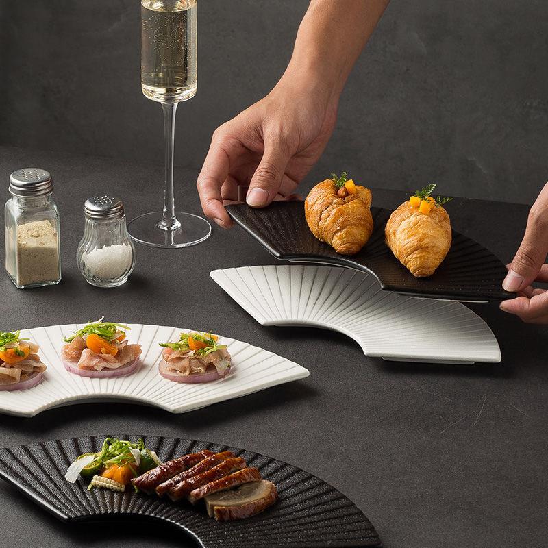 Popular Creative Fan-Shaped Striped Japanese-Style Tableware, Irregular-Shaped Plate, Sushi Plate, Snack Plate, Home-Use Platter, Western-Style Plate
