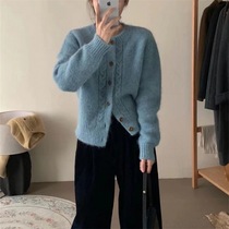 Korean style 2023 new autumn knitted cardigan lazy style soft waxy milk twist haze blue sweater womens jacket trendy