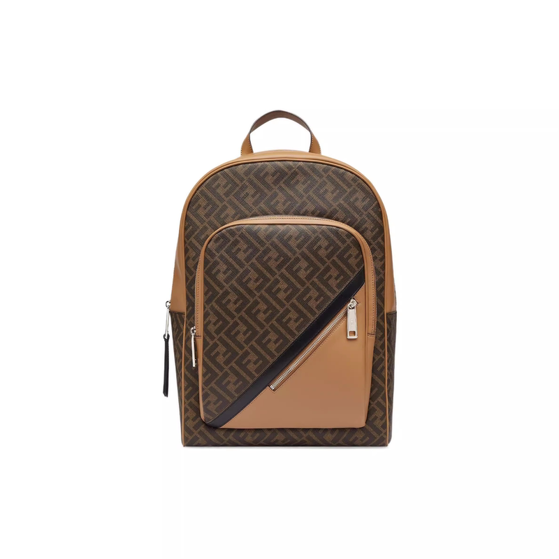 Fendi/Fendi Large Capacity Backpack with Ff Monogram Pattern, Cotton and Calfskin, Men's Style, Brown