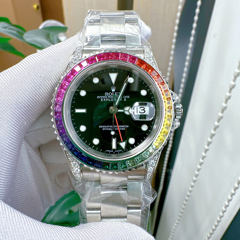 Direct Purchase Price: 98% New Rolex Explorer Series Men's Mechanical Watch with Rainbow Bezel and Diamond Inlays, Model 16570