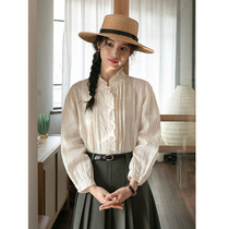 Actual shot of 2024 spring new French girls artistic lace cotton and linen pleated long-sleeved shirts womens shirt tops