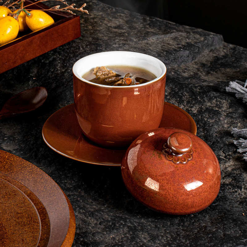 Jingdezhen Stew Pot Bird's Nest Vessel with Metal Red Lid, Ceramic Water-Separation Stew Pot, Pure Handmade Dessert Bowl, Retro Style