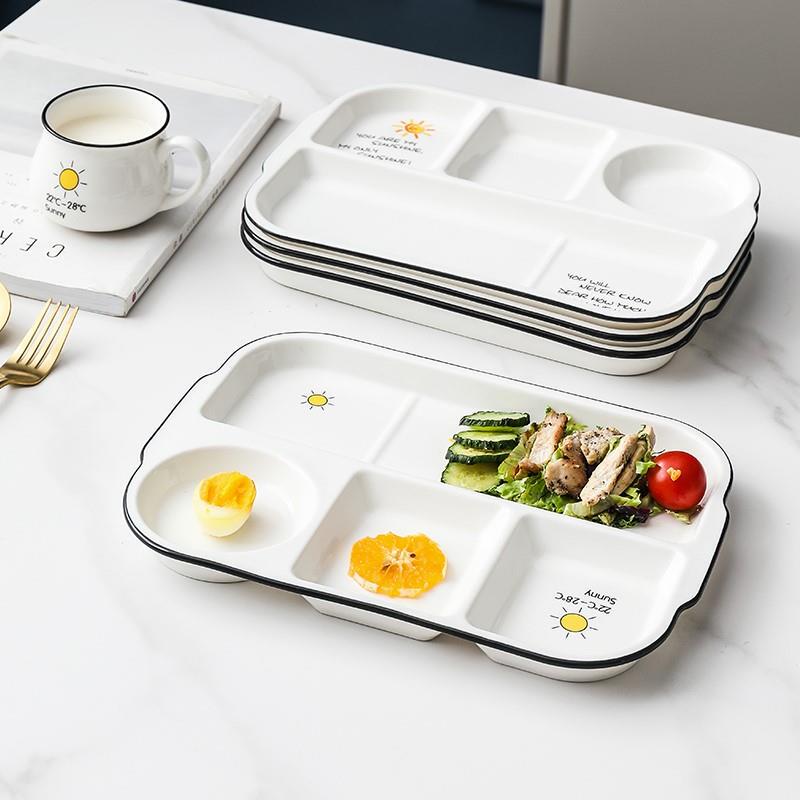 Meal-Sharing Tableware for Adults, Creative Ceramic Breakfast Plate for One Person, Separated Four-Compartment Dinner Plate Set, Fast Food Plate