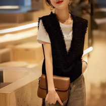 Temperament tassel edge silver sparkling small fragrance style knitted vest for women spring new bright silk waistcoat for women