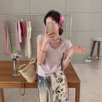 Korean style sweet and spicy design diagonal tie flower sweater womens summer right shoulder square collar small flying sleeves short top