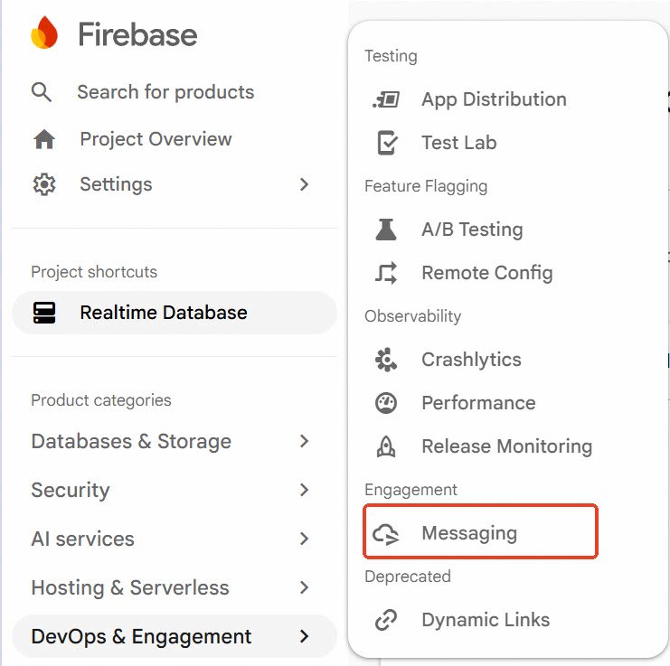 Select Messaging in the Firebase console