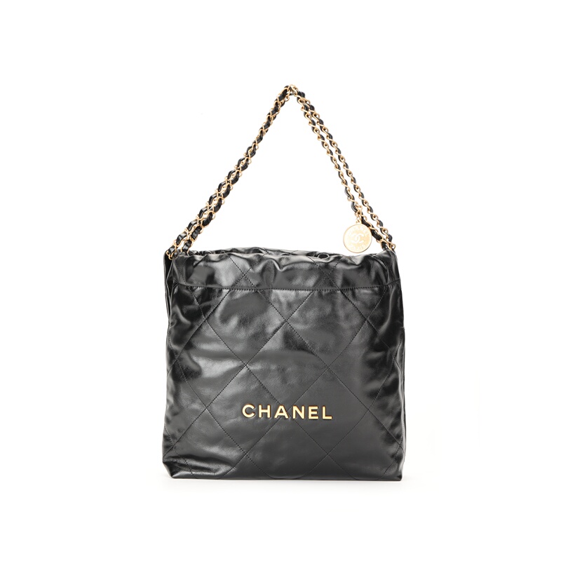 Chanel/Chanel 25C 22Bag Vintage Gold Label Cowhide Leather Hobo Bag Single Shoulder Women's Black Chanel/Chanel 25C 22Bag Vintage Gold Label Cowhide Leather Hobo Bag Single Shoulder Women's Black