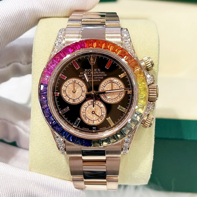 Fixed Price for a 98% New Rolex Gold Watch Rainbow Daytona Men's Watch 116505 with Post-Sale Diamond Bezel and Diamond Dial