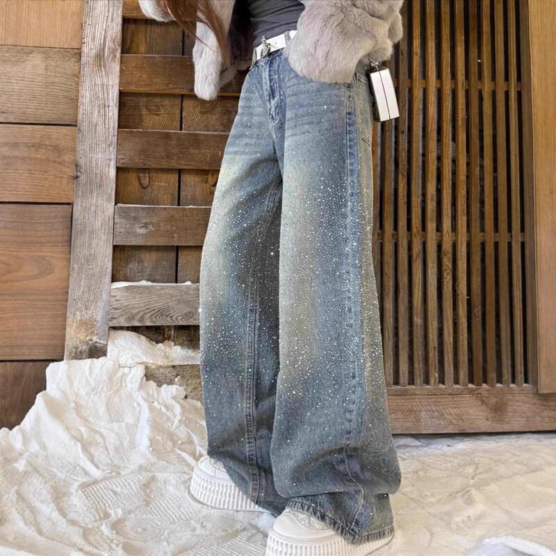 2026 Summer New Style Heavy-Duty Rhinestone Starry Sky Waist Wide-Leg Jeans Women's Fashion Loose Straight Long Pants 2026 Summer New Style Heavy-Duty Rhinestone Starry Sky Waist Wide-Leg Jeans Women's Fashion Loose Straight Long Pants