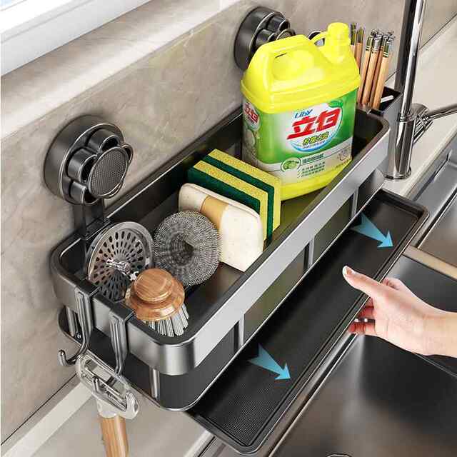 Suction Cup Kitchen Storage Rack, Cloth Storage and Draining Rack, No-Drill Wall-Mounted Spice Rack, Faucet and Sink Organizer