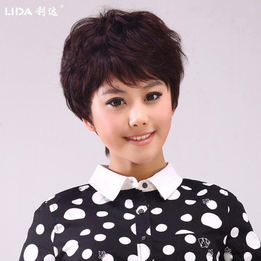 新款真发假发女 短发 中老年假发 短卷发 女 真人发丝 妈妈假发套