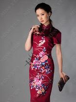 Gaoding silk custom wine red silk hand embroidered can Medium long sleeve cheongsam skirt Lady Tang jacket