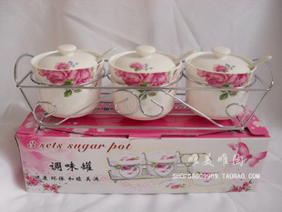 Stock Oil Salt Vinegar Ceramic Bottle Han Style Chinese Porcelain Seasoned Jar Seasoned bottle Three sets Steel Frame Spoon