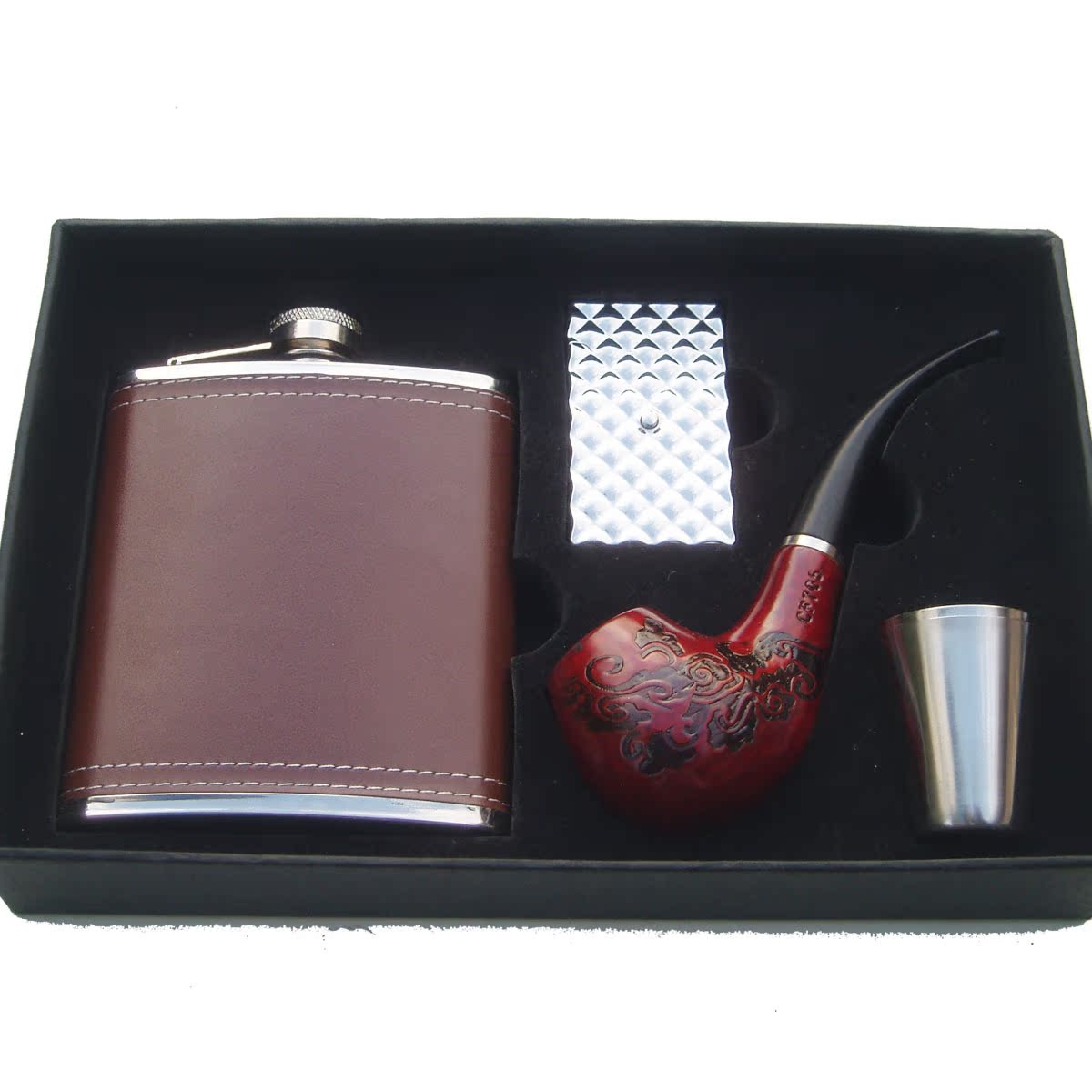 Snow Wolf Lake 7 oz stainless steel jug metal lighter solid wood pipe gift carry-on business gift set