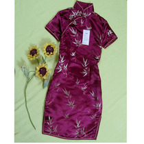 New arrival and good goods beautiful cheongsam charming wine red short sleeve cheongsam temperament bamboo leaves
