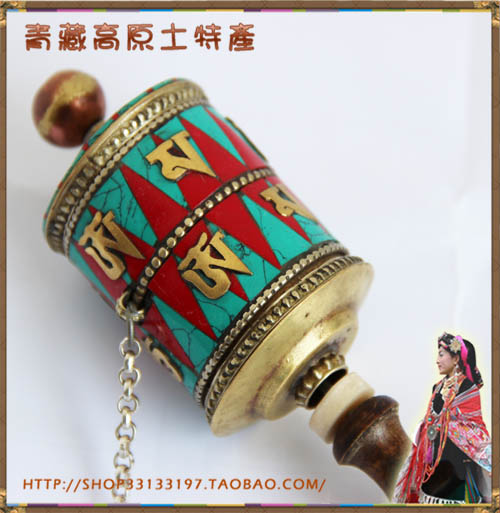 Tibetan Buddhist Buddhist pagan Nepal handmade inlaid green pine stone hand in hand, wheel transfer via cylinder green pine stone handle