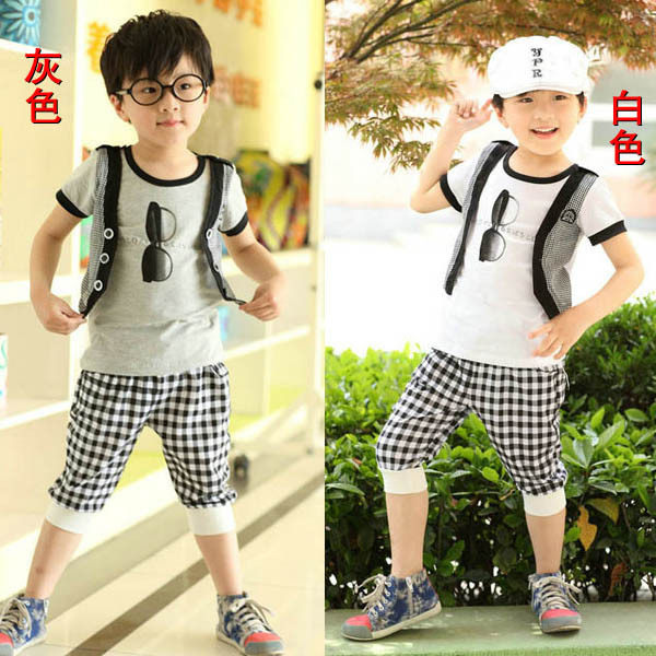 Special Price Clear Goods Pure Cotton Casual Boy Children Fake Three Sets Korean Version Children Clothing Glasses Checkered Baby Suit