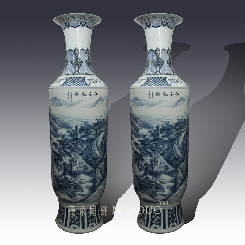 Jingdezhen blue and white landscape hand - made 2.2 meters tall vase of large enterprise opening taking presented a large vase