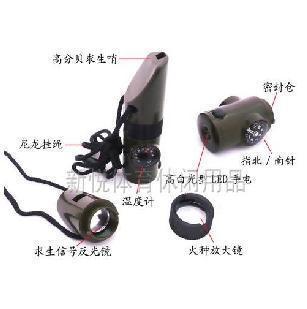 Finger needle LED flashlight survival whistle magnifying glass mirror thermometer sealed compartment 7 in 1 whistle