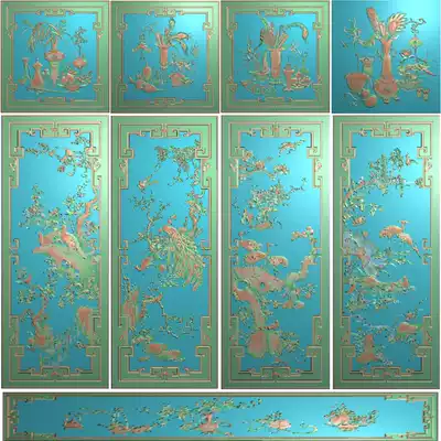 Bogu flower and bird top cabinet Cabinet wardrobe set drawing exquisite carving figure relief drawing gray scale material 8 yuan set