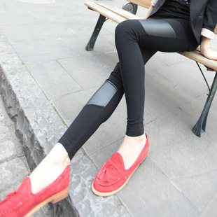 ພາກຮຽນ spring ແລະດູໃບໄມ້ລົ່ນ Asymmetrical Faux Leather Splicing Leggings Slim-fitting Leggings Boot Pants Nine-Point Pants Outerwear Pants ຂອງແມ່ຍິງ