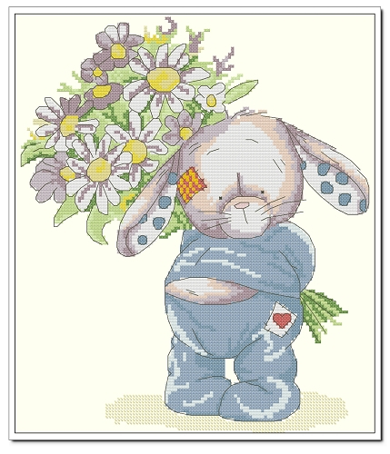 Hu Lili Cross Stitch DMC Kit Patch Rabbit: Flower Rabbit One with 3D 5D Accurate Printed Fabric