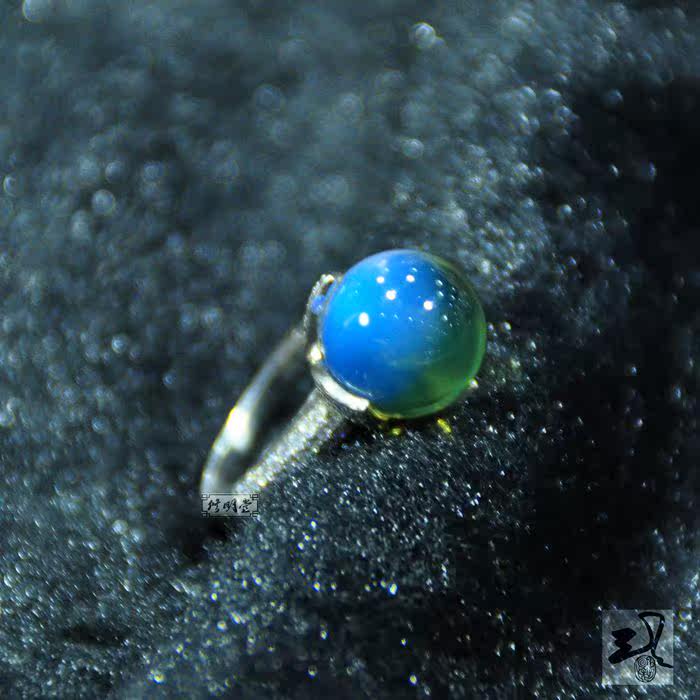修明堂 净水蓝天然墨西哥蓝珀 高品质蓝珀纯银镶钻戒指 女款戒指