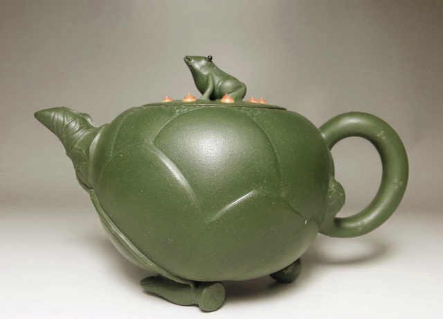 近代・古原鉱紅泥彫・蒋蓉製・荷花蓮子壺一套・紫砂壺・箱付