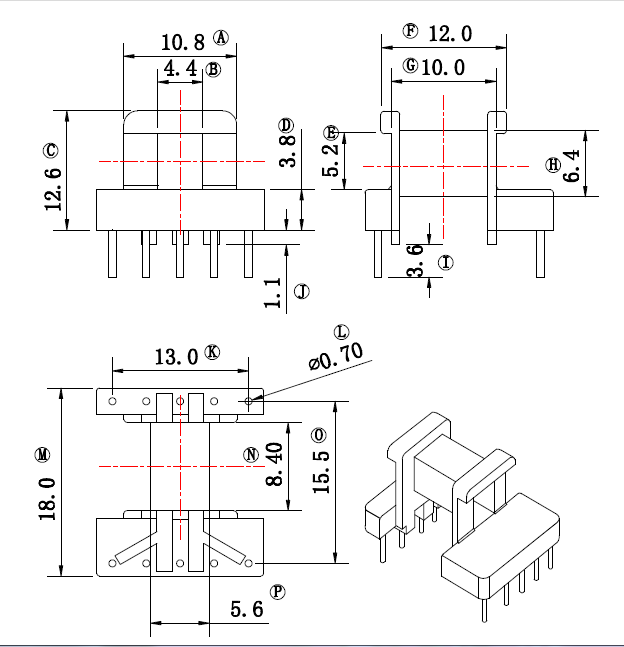 Transformer inductance EE16 lengthened * single-sided widened skeleton row spacing 15 5 and 17 5 two