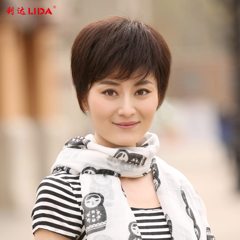 利达假发女 短发 真人发丝假发 女士假发 中老年假发 妈妈假发套