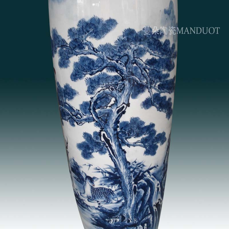 Jingdezhen hand - made crane pine deer blue and white porcelain vase, 100-110 high hand - made picture display large vase