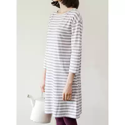 Value Special Day Single Mori Women's Wind Striped Ninth Sleeve 65% Cotton Dress Navy Wind Leisure A- line dress