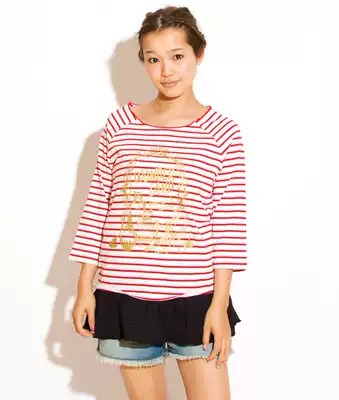 19 9 Clearance Design Tshirts Store Red Striped Gold Printed Print Mid-Sleeve Round Neck T-shirt