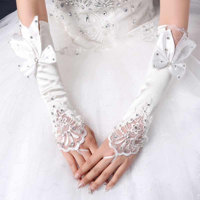 New bride wedding gauze sticky diamond gloves hook finger small flower bow stick diamond mid-length satin plus lace beige