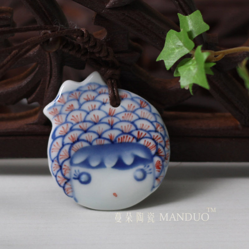 Blue and white cartoon character jewelry pendant Characteristic ceramic jewelry Chinese culture pendant Personality fashion pendant