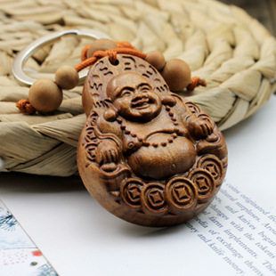 Key pendant keychain Wood carving Buddha statue Lucky, safe and evil car key pendant Maitreya Buddha
