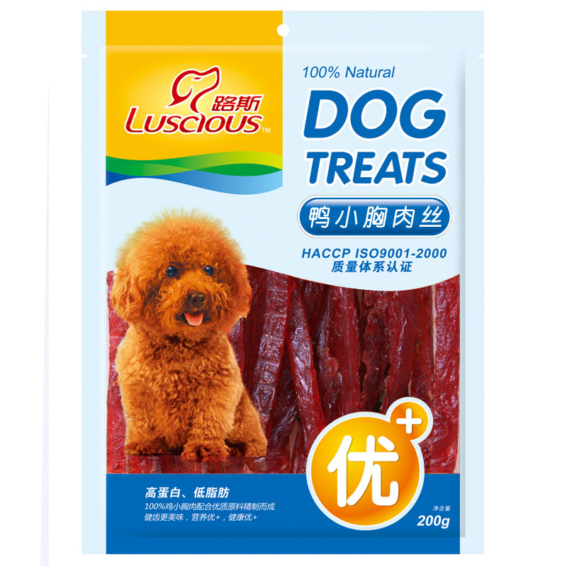 路斯狗狗零食鸡胸肉 宠物狗零食鸭小胸肉丝200g 犬零食25省包邮